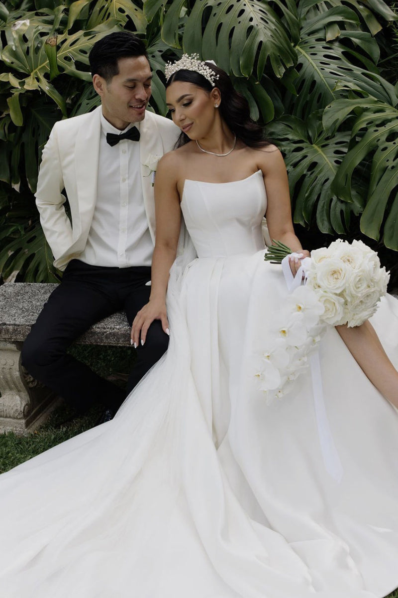 A-Line Strapless Satin Wedding Dresses with Slit AB4052303 A-Line Strapless Satin Wedding Dresses with Slit AB4052303