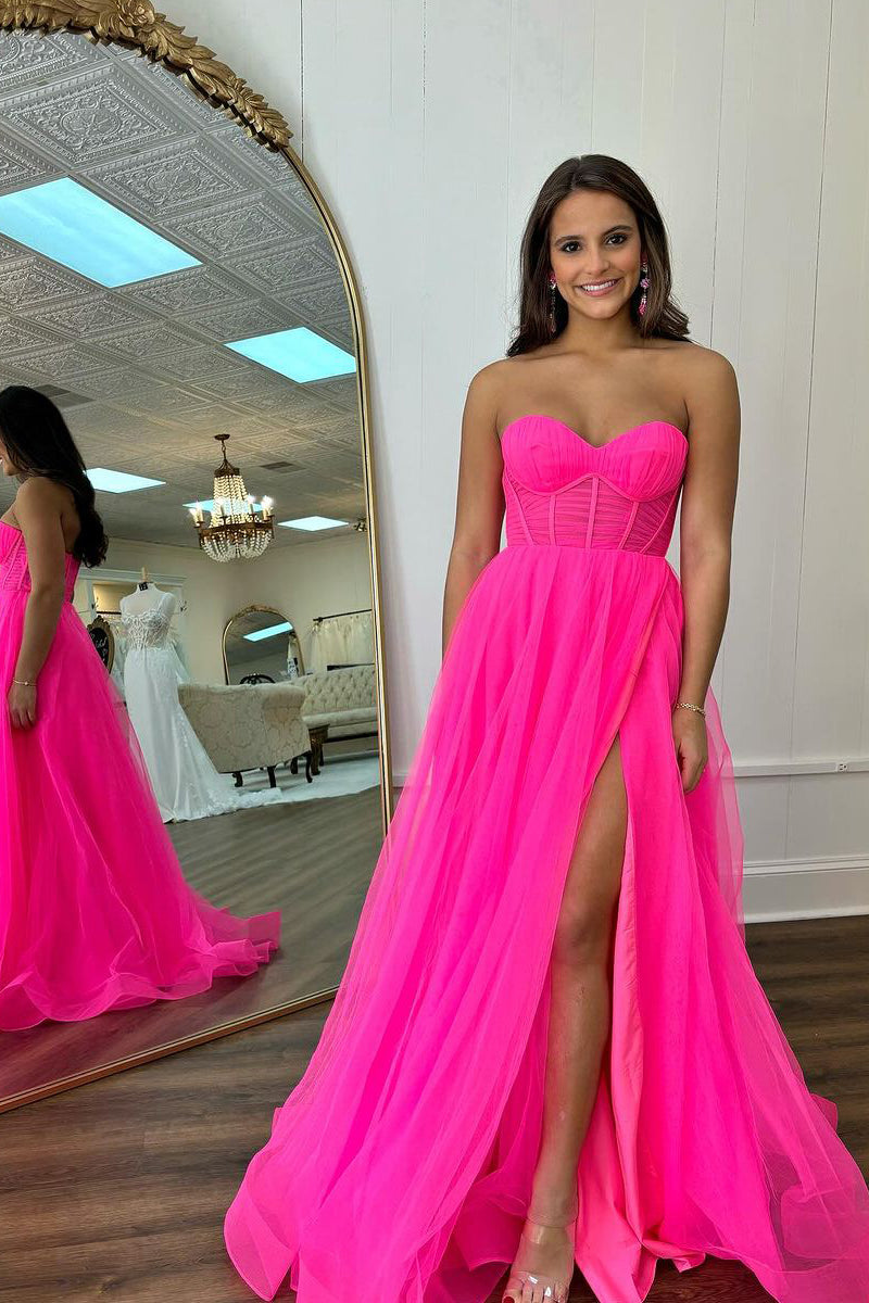 Formal Long Dress Pink Prom Dresses 2019 Simple Hot Pink Tulle A Line V Neck Long Formal Long Dress Pink Prom Dresses 2019 Simple Hot Pink Tulle A Line V Neck Long