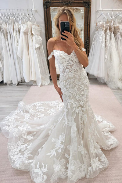 Boho Mermaid Off the Shoulder Lace Beach Wedding dress AB25022603