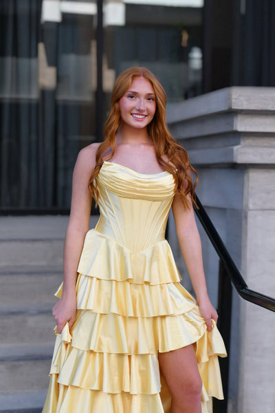 Cute A Line Scoop Neck Yellow Satin Tiered Long Prom Dress with Slit AB25102101