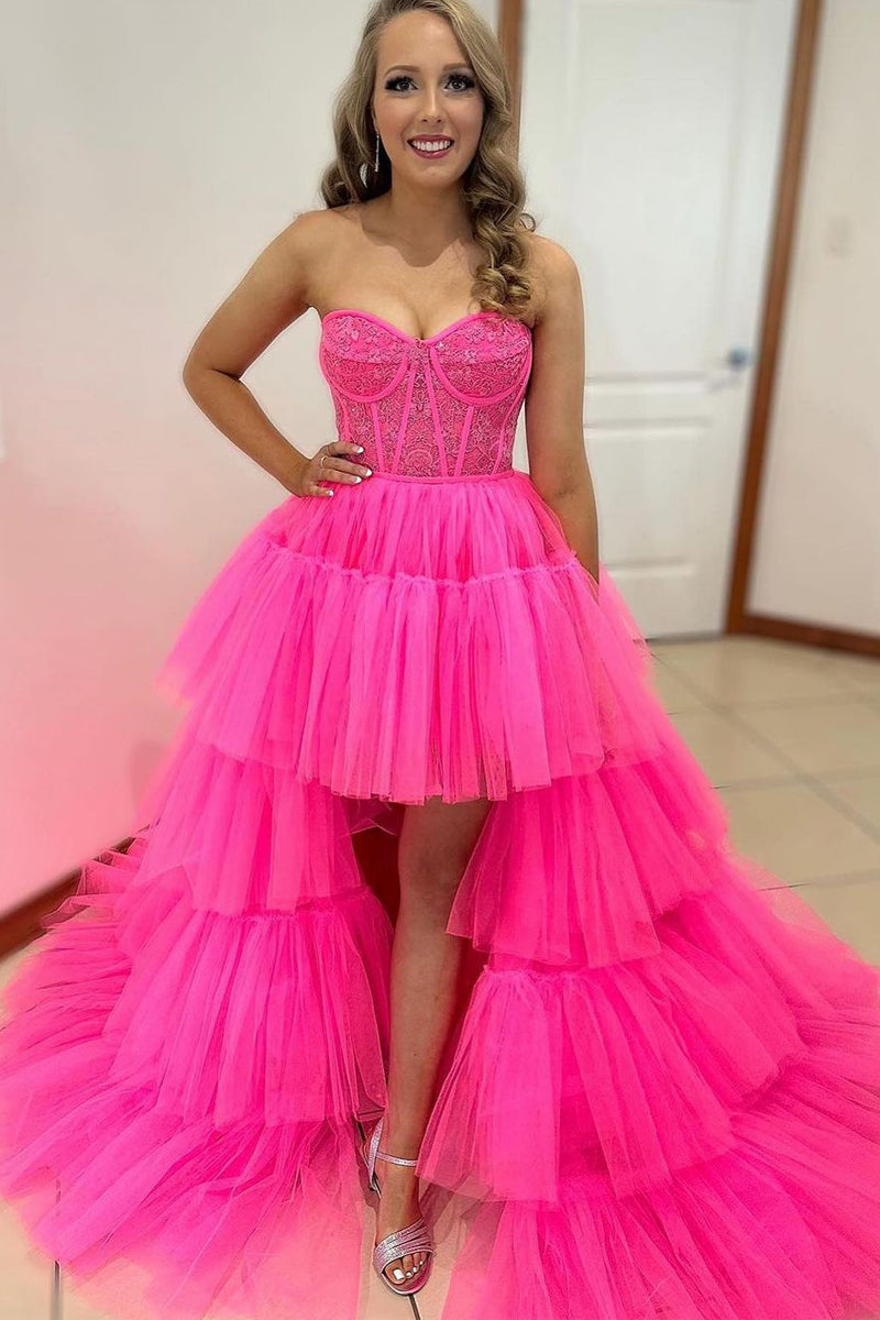 Cute Ball Gown High Low Sweetheart Hot Pink Tulle Long Prom Dress AB120402   Anniebride