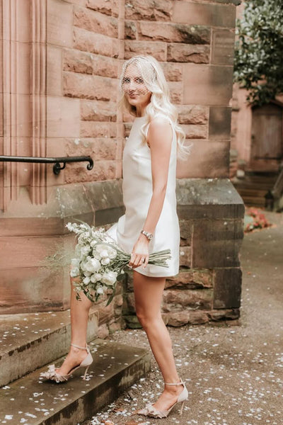 Simple Fashion Round Neck Twill Satin Short Bridal Dresses AB24122816