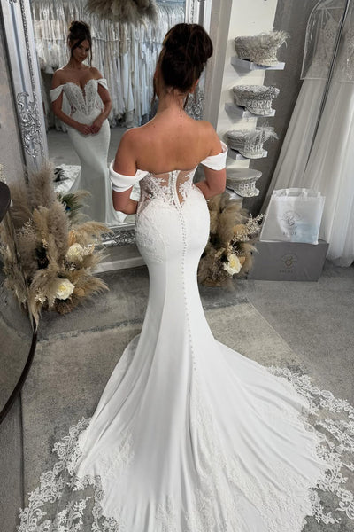 Elegant Off the Shoulder Mermaid Satin Wedding Dress with Appliques AB25102109