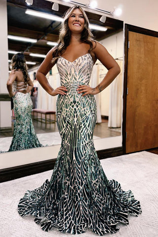 Mermaid Strapless Green Sequins Long Prom Dress AB4050704