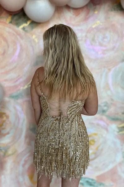 Cute Gold Sequins Scoop Neck Tight Short Homecoming Dresses with Beading AB24082701