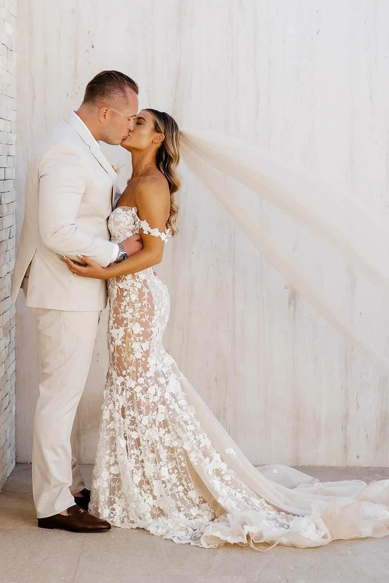 Gorgeous Mermaid Off the Shoulder Lace Beach Wedding Dresses AB24071303 Anniebride Gorgeous Mermaid Off the Shoulder Lace Beach Wedding Dresses AB24071303 Anniebride