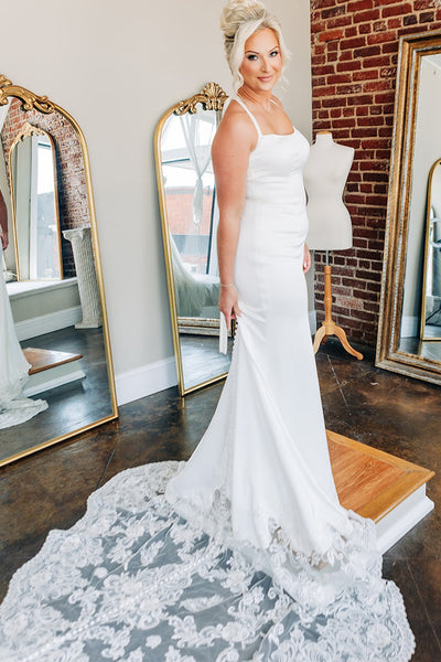 Elegant Mermaid Scoop Neck Satin Long Bridal Dresses with Appliques AB24110815