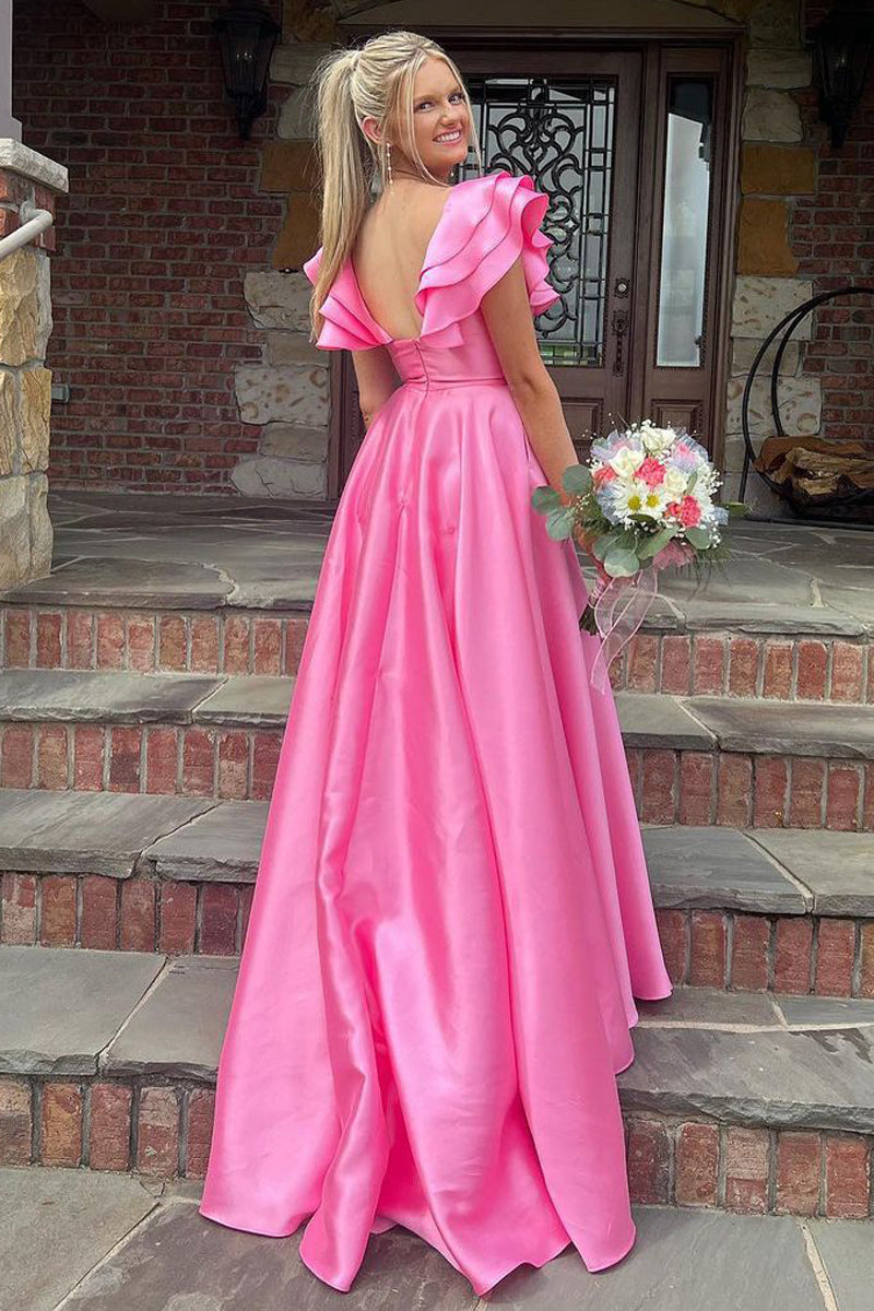 Classy Pink Satin Ruffle A Line Party Dress,Formal Prom Dress cc2823 main image 1