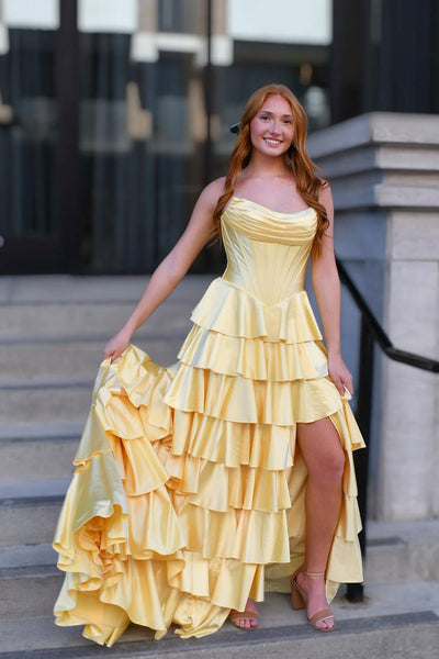 Cute A Line Scoop Neck Yellow Satin Tiered Long Prom Dress with Slit AB25102101
