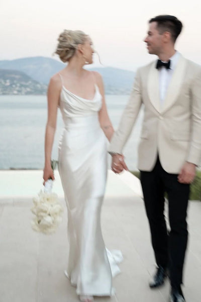 Chic Mermaid V Neck White Silk Satin Bridal Dresses AB24112203