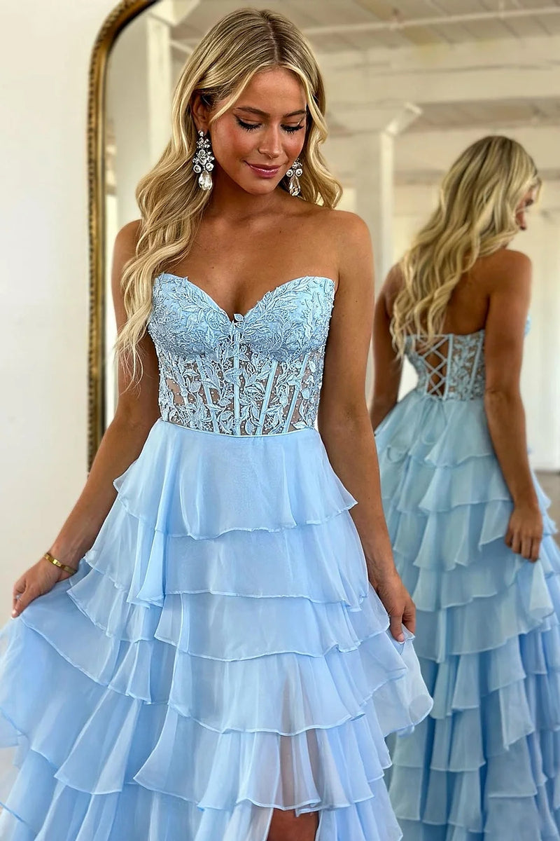 Cute A-Line Strapless Light Blue Ruffle Tiered Chiffon Long Prom Dress