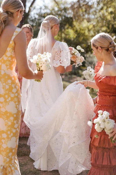 Bohemian A Line Square Neck Chiffon Long Bridal Dresses with Ruffled Sleeves AB24110502