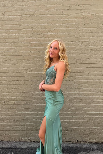 Cute Mermaid V Neck Sage Green Satin Prom Dress with Appliques AB25101502