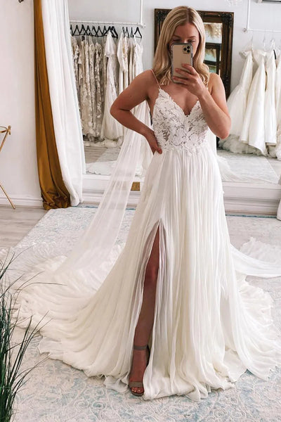 Boho A Line V Neck Chiffon Beach Bridal Dresses with Slit AB24110717