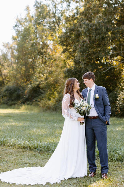 Bohemian A Line V Neck Chiffon Long Bridal Dresses with Long Sleeves AB24110504