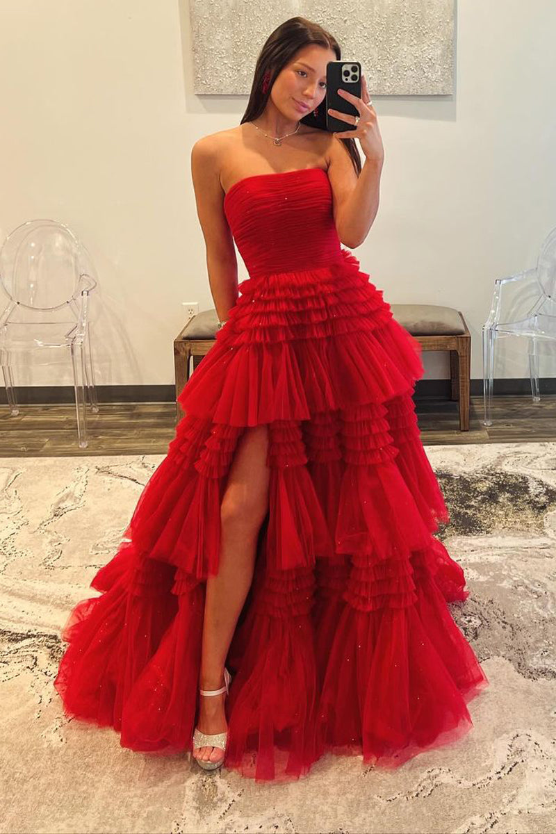 Princess Strapless Red Ruffle Tiered Tulle Long Prom Dresses AB4030302 Anniebride Princess Strapless Red Ruffle Tiered Tulle Long Prom Dresses AB4030302 Anniebride