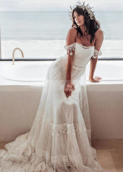 Bohemian Mermaid Off the Shoulder Lace Long Bridal Dresses AB24110609