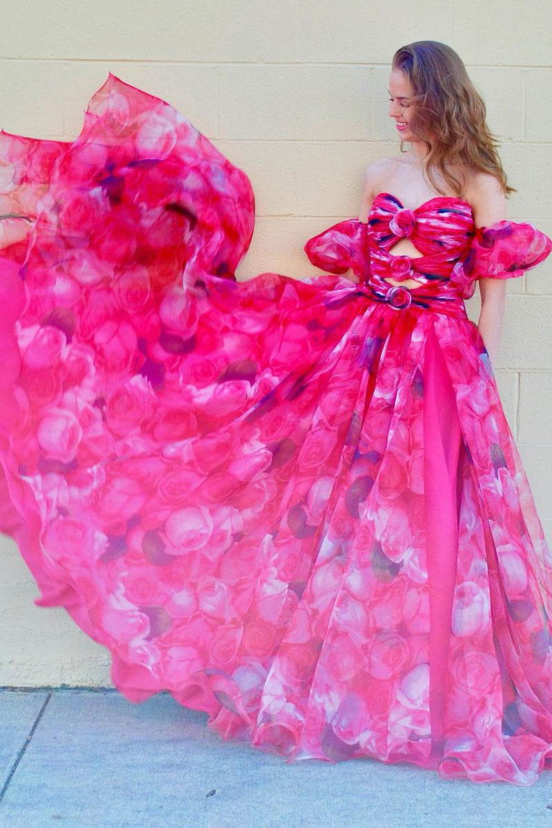Elegant Strapless A-Line Floral Vintage Prom Dress Evening Gown, DP4512 main image 1
