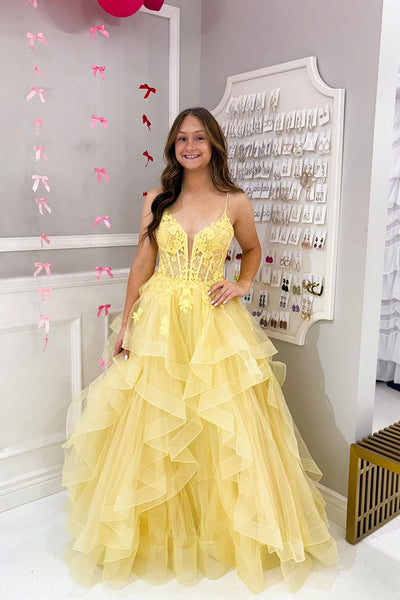 Fairy A Line V Neck Yellow Tulle Ruffled Prom Dress AB25010407