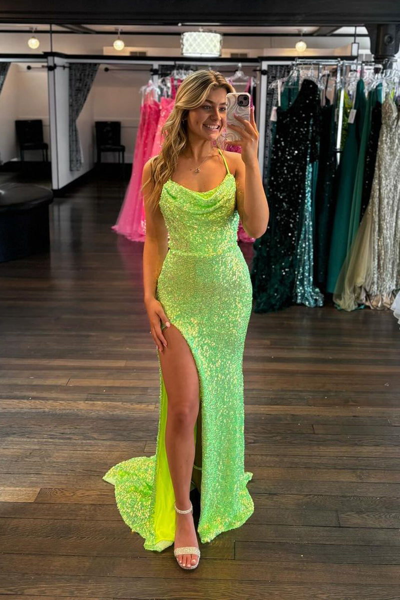 Sparkly Mermaid Cowl Neck Green Sequins Long Prom Dresses with Slit AB24070205 Sparkly Mermaid Cowl Neck Green Sequins Long Prom Dresses with Slit AB24070205