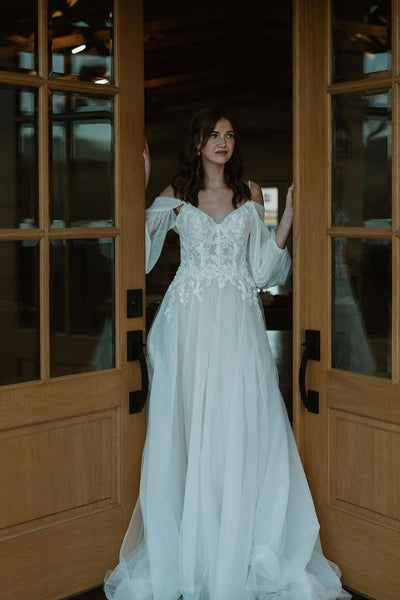 Fairy A Line Off the Shoulder Tulle Bridal Dresses with Appliques AB24112204