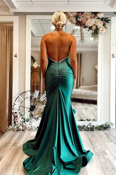 Charming Meramid Sweetheart Dark Green Elastic Satin Prom Dress with Beading AB25031501