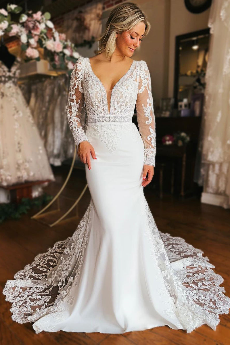 Charming Mermaid V Neck Satin Long Wedding Dresses with Appliques AB092804 Charming Mermaid V Neck Satin Long Wedding Dresses with Appliques AB092804