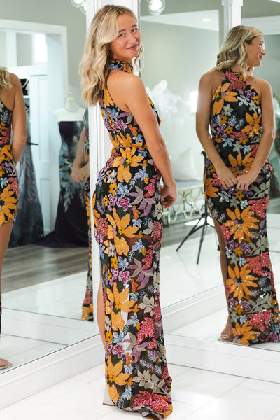 Cute Mermaid Halter Lace Sequins Long Prom Dress with Slit AB25102608