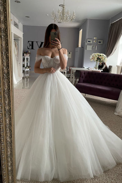 Fairy A Line Off the Shoulder Tulle Long Bridal Dresses AB241113
