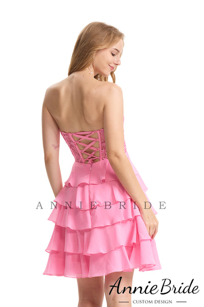 Cute A Line Sweetheart Pink Chiffon Tiered Short Homecoming Dresses AB24072104