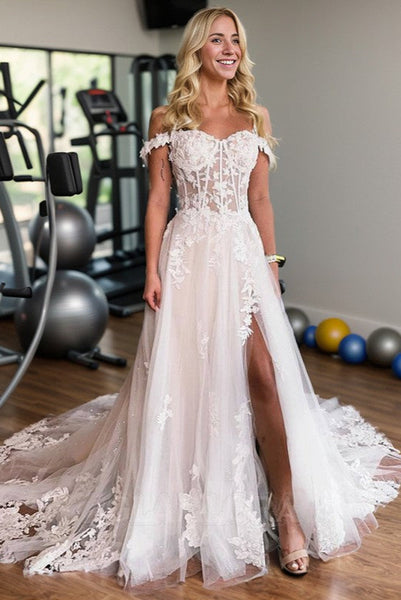 Fairy A Line Off the Shoulder Tulle Long Bridal Dresses with Appliques AB24110604