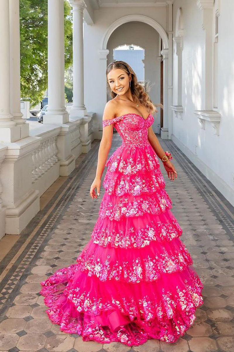 Sparkly Ball Gown Sweetheart Hot Pink Sequins Tiered Prom Dresses AB24070301 Anniebride Sparkly Ball Gown Sweetheart Hot Pink Sequins Tiered Prom Dresses AB24070301 Anniebride