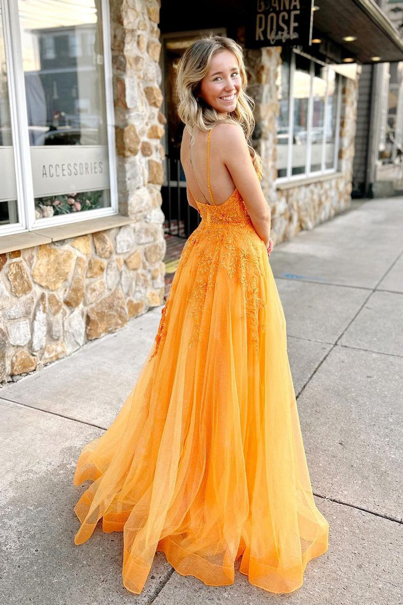Gorgeous A Line V Neck Orange Tulle Prom Dress with Appliques AB4032402 –  Anniebride