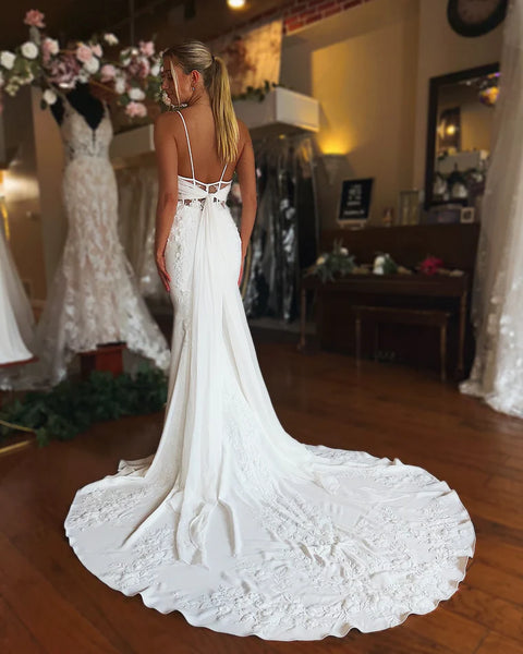 Charming Mermaid V Neck Elastic Satin Long Bridal Dresses with Appliques AB24110605