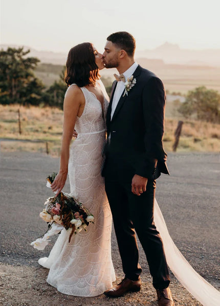 Bohemian Mermaid V Neck Lace Long Bridal Dresses AB24110608