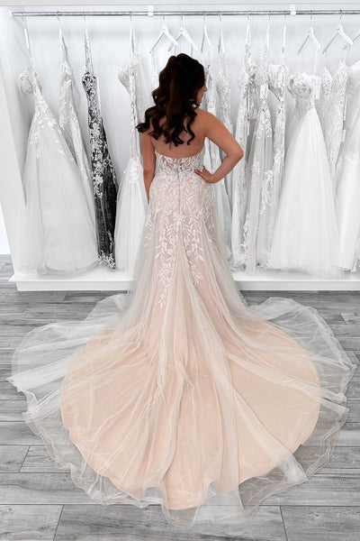 Elegant A Line V Neck Sequins Lace Tulle Long Bridal Dresses AB24103107