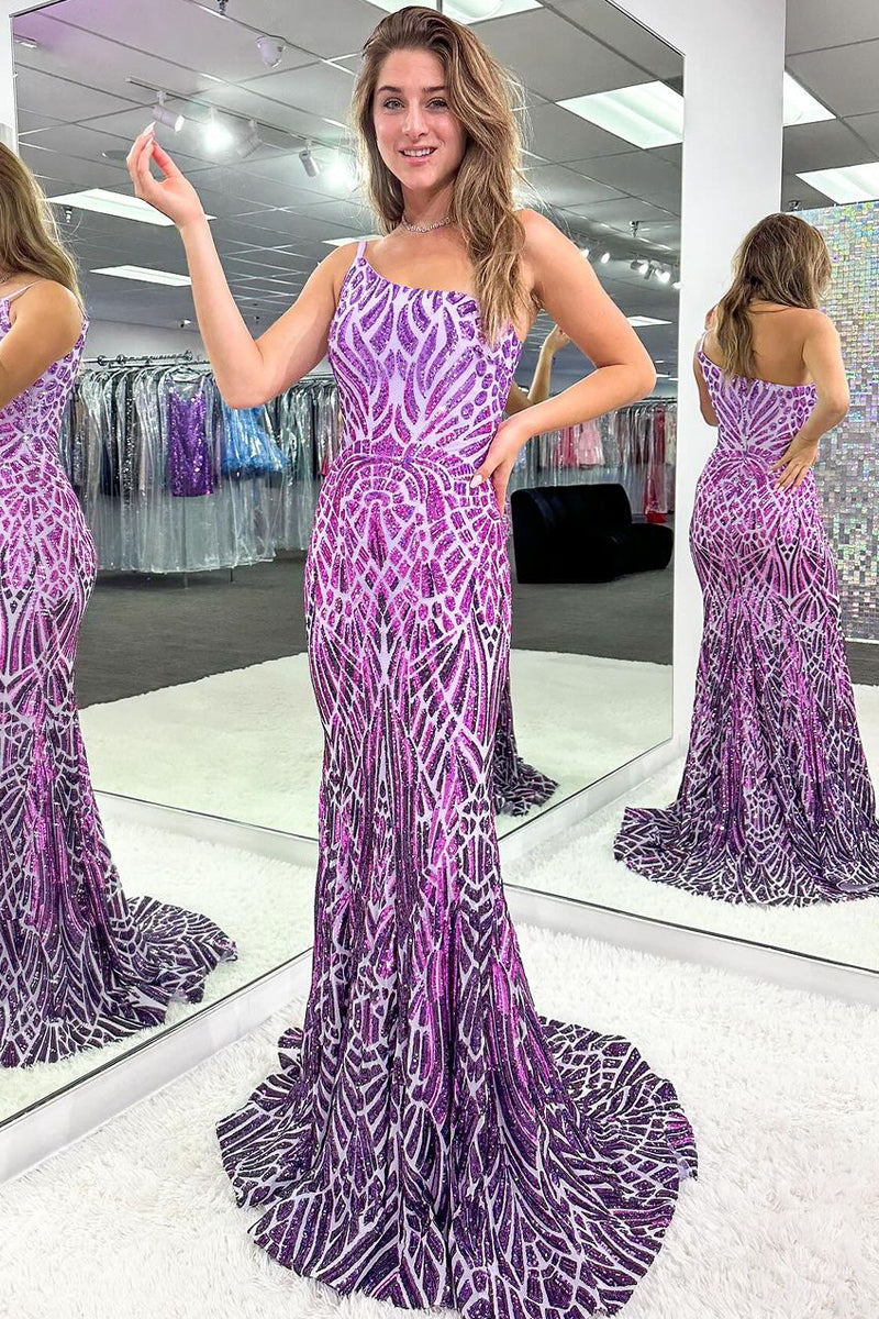 One Shoulder Purple Sequin Mermaid Long Prom Dress cc1022 main image 1