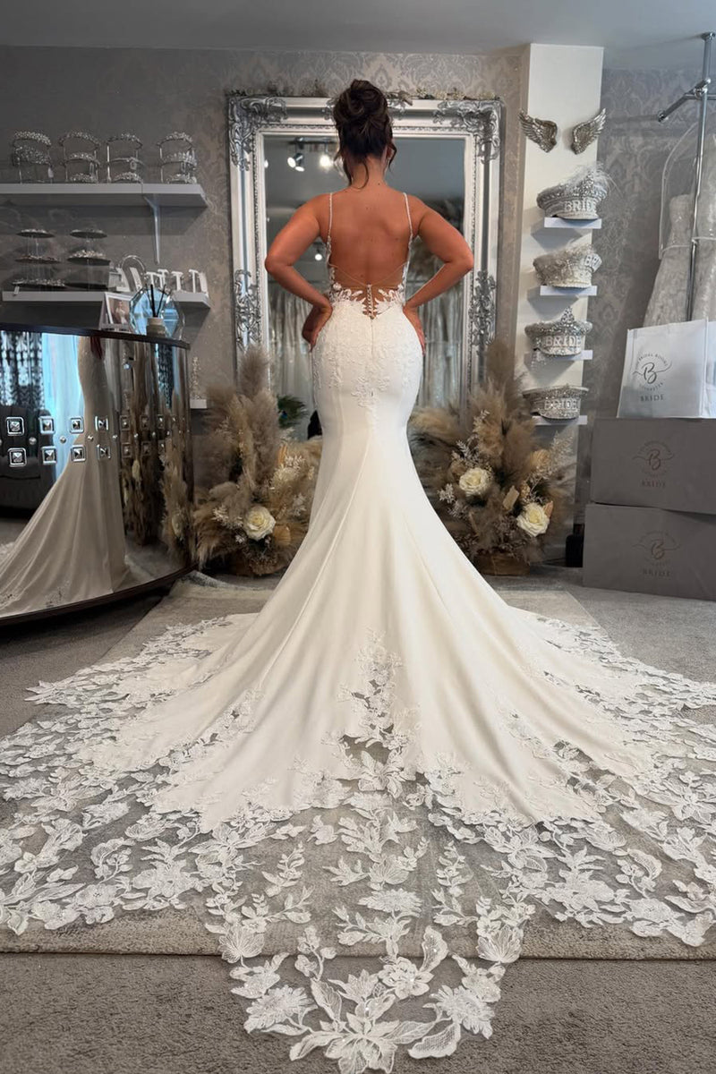 Mermaid V Neck Elastic Satin Long Wedding Dress with Appliques VK25060802