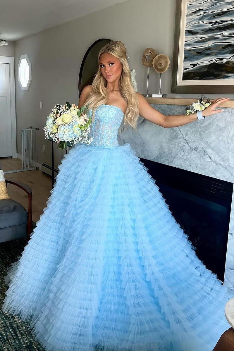 tiered tulle formal dress Blue Tiered Tulle evening dress with Deep V-neck