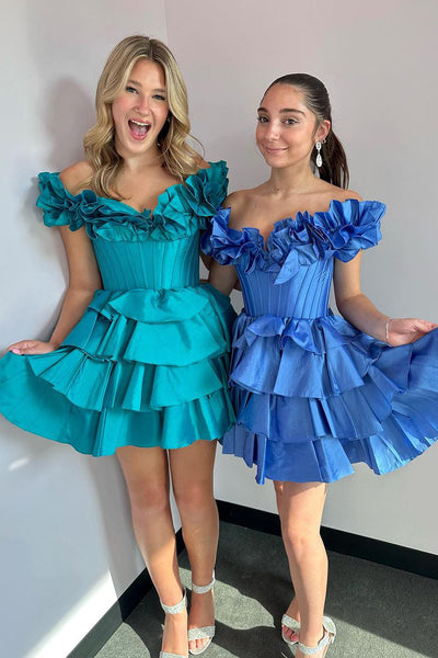 Cute A Line Off the Shoulder Green Satin Tiered Short Homecoming Dresses AB24081804