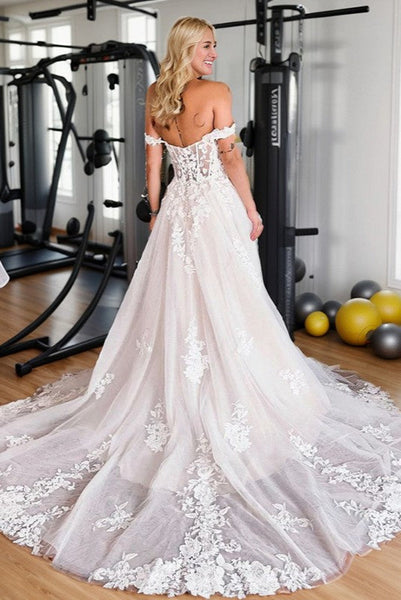 Fairy A Line Off the Shoulder Tulle Long Bridal Dresses with Appliques AB24110604