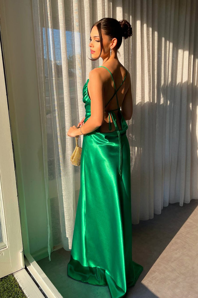 Green Floral Sheath Cowl Neck Bridesmaid Dress with Slit