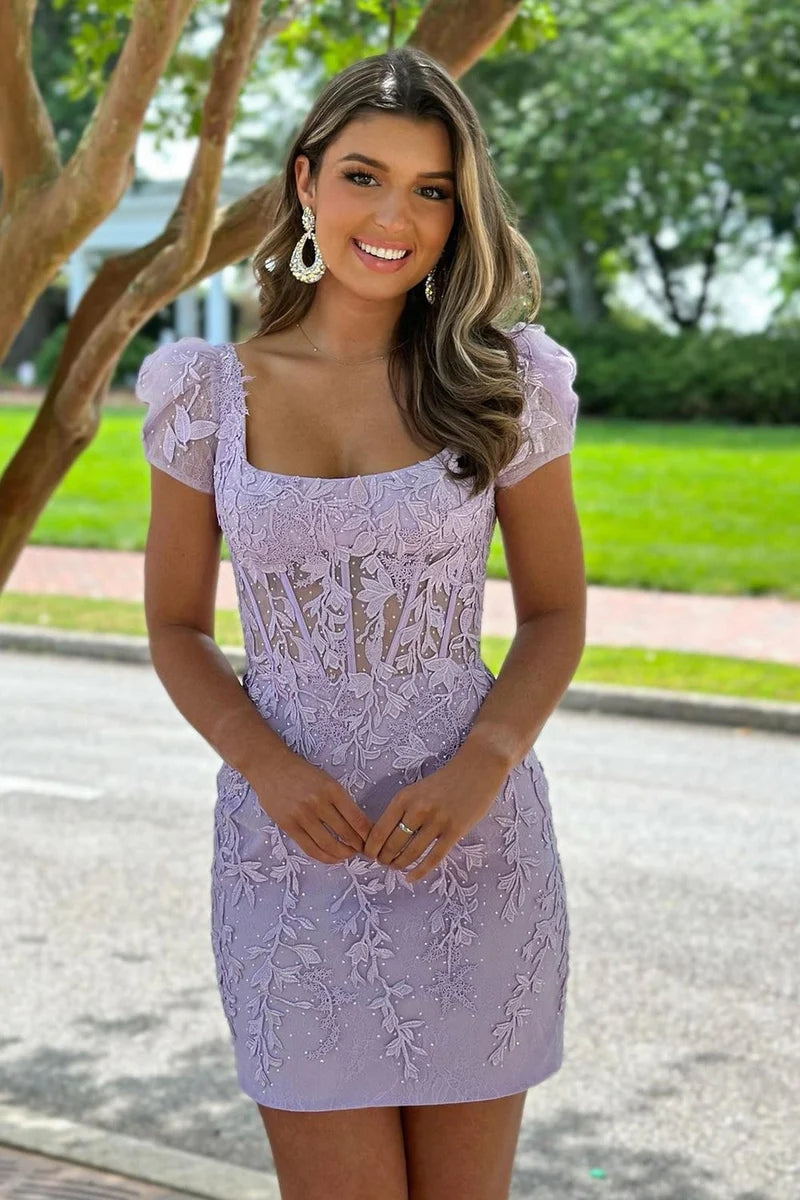 Cute Bodycon Square Neck Lavender Lace Short Homecoming Dresses with Cap Sleeves AB082201 Cute Bodycon Square Neck Lavender Lace Short Homecoming Dresses with Cap Sleeves AB082201