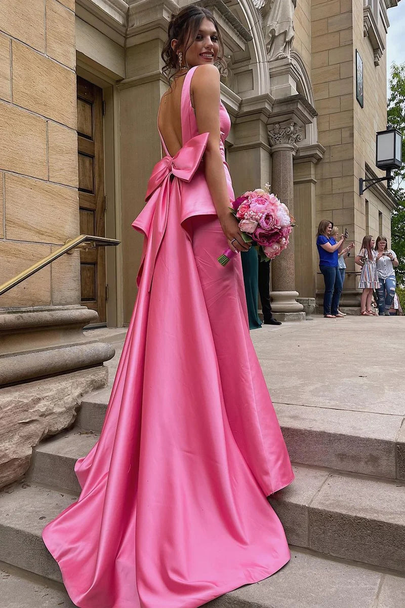 Charming Sweetheart Sheath Pink Saitn Prom Dress with Big Bow AB081532 Anniebride Charming Sweetheart Sheath Pink Saitn Prom Dress with Big Bow AB081532 Anniebride