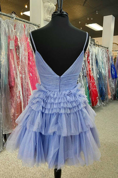 Cute A Line V Neck Blue Tulle Short Homecoming Dresses AB092901