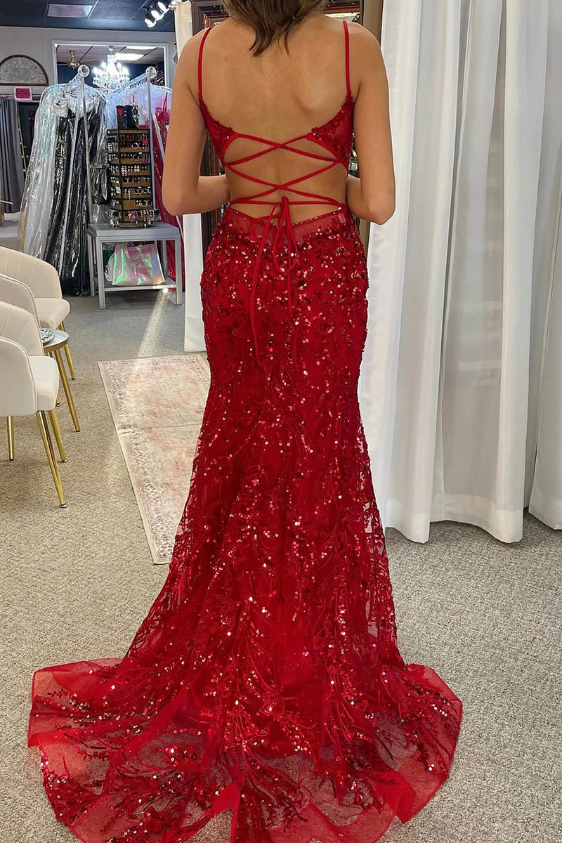 Cute Mermaid V Neck Red Sequins Long Prom Dress AB24122406 – Anniebride