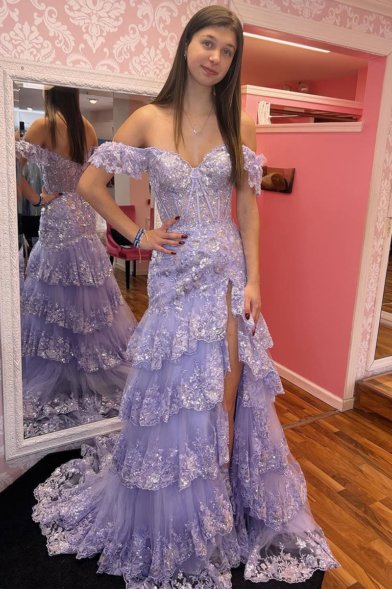 Sparkly Mermaid Off the Shoulder Lavender Sequins Tiered Prom Dress wi –  Anniebride