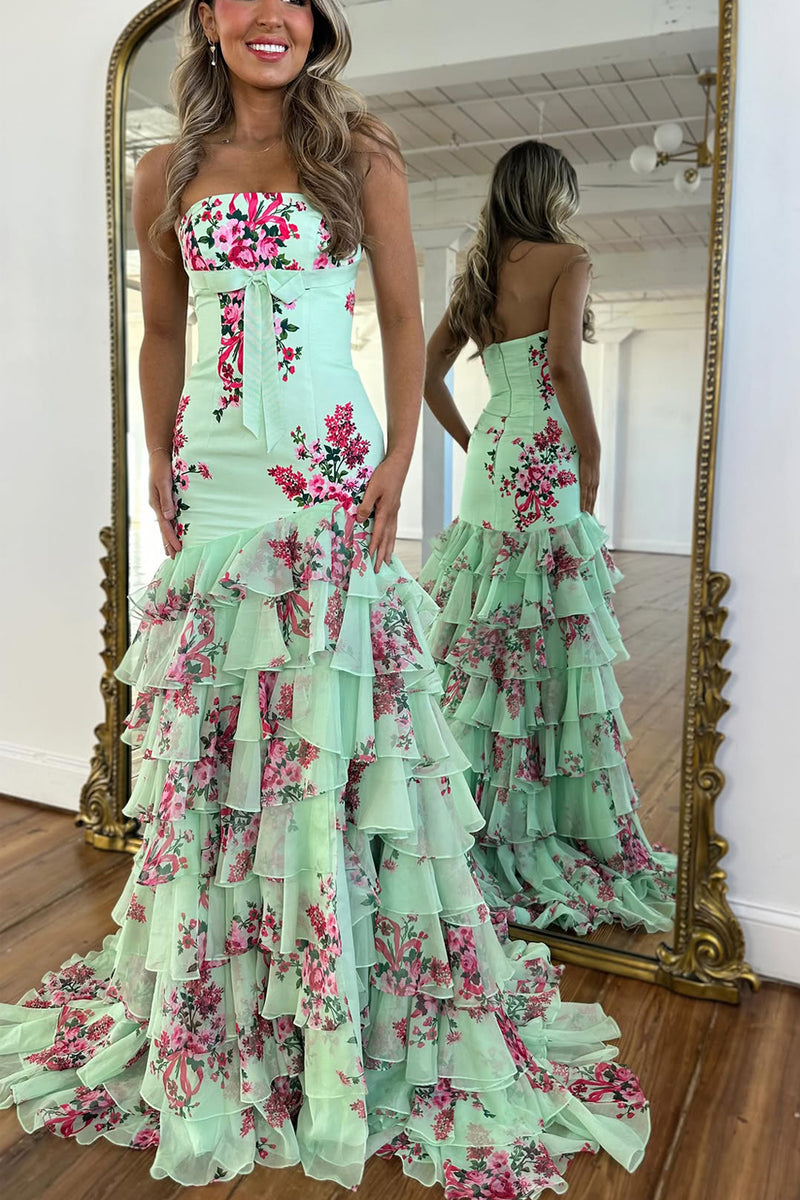 Cute Mermaid Strapless Green Floral Chiffon Tiered Prom Dress AB26011501 –  Anniebride