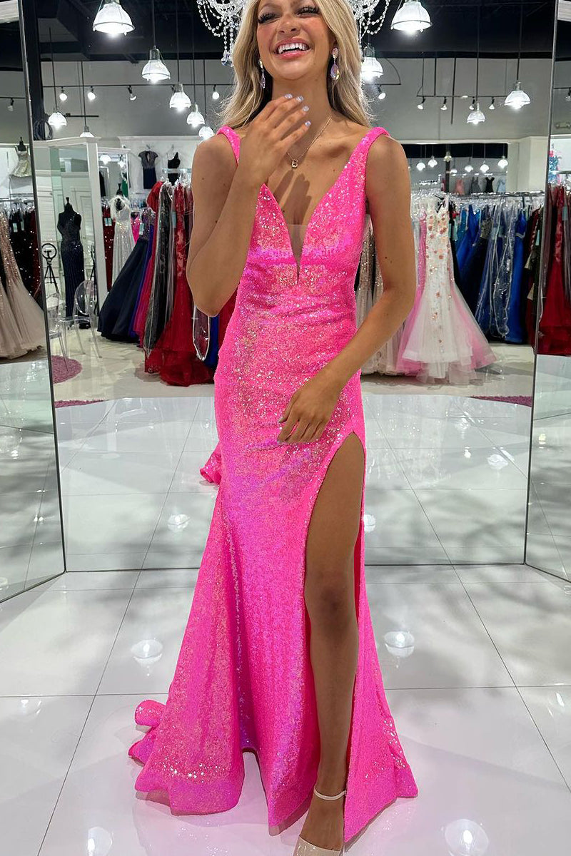 Sparkly Mermaid V Neck Hot Pink Sequins Long Prom Dress with Slit AB121102 Anniebride Sparkly Mermaid V Neck Hot Pink Sequins Long Prom Dress with Slit AB121102 Anniebride