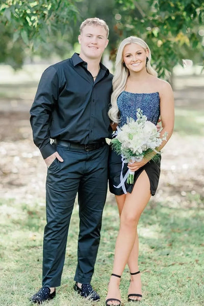 Cute Bodycon Scoop Neck Black Satin Short Party Dresses with Beading AB24112806